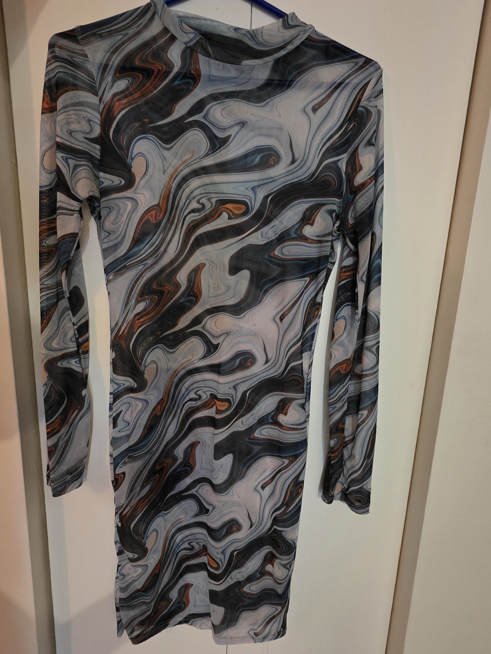 Black Bead Long Sleeve Marble-Print Bodycon Dress in Gray, Black & Brown